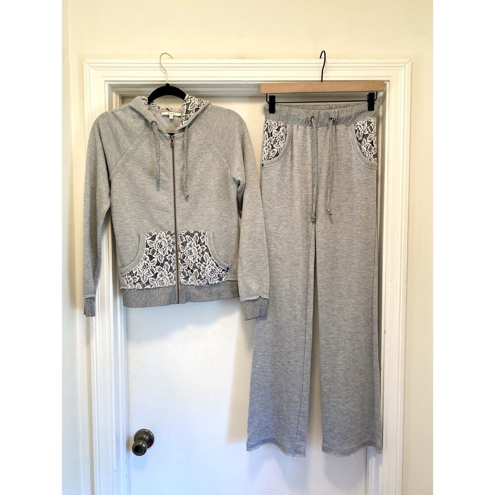Y2K Miss Me Matching set Tracksuit Sz Small Gray Glittery Bling Lace Cheer Dance